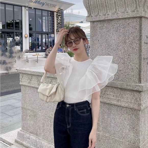 Zara tulle ruffled white ribbed bodysuit sleeveless top - Picture 5 of 11